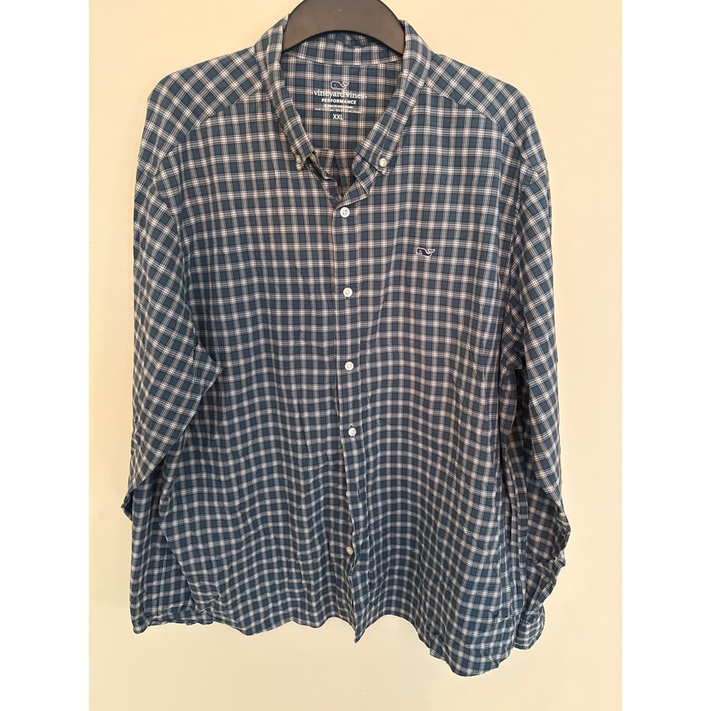 Vineyard Vines Performance Shirt XXL Mens Navy Green Plaid Classic Fit Whale